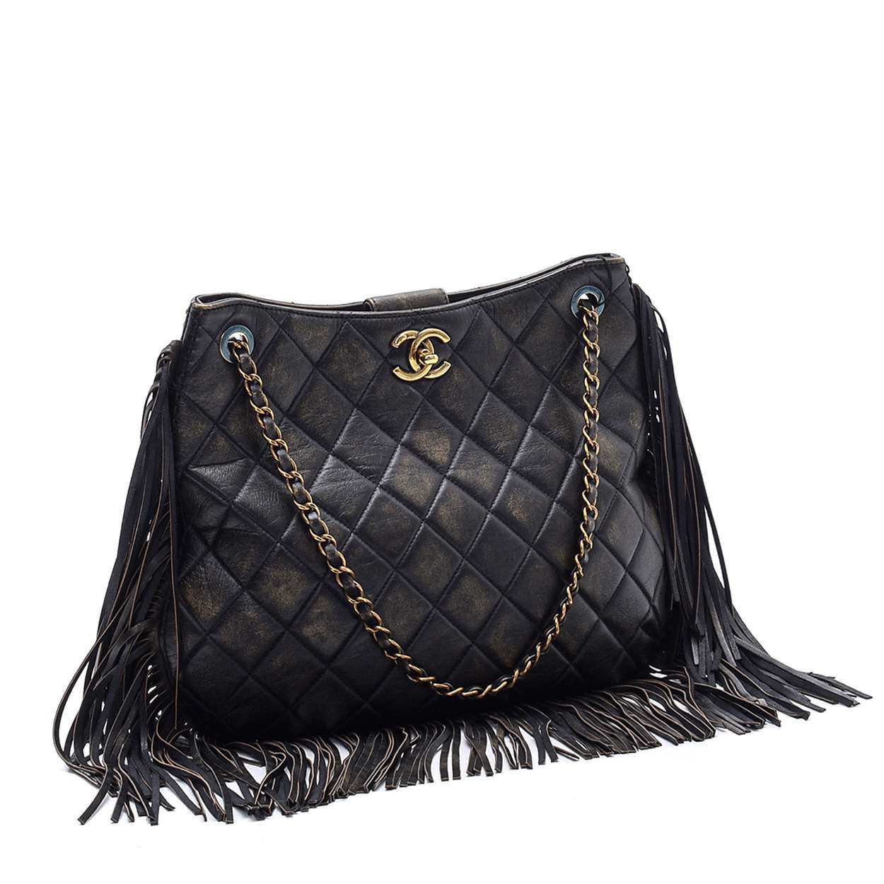 Chanel -  Black Quilted Lambskin Leather Fringe Shoulder Bag 